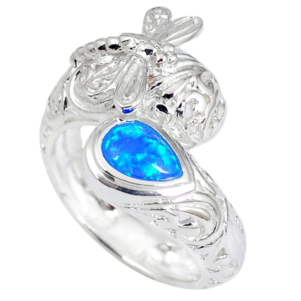 Blue australian opal (lab) 925 sterling silver dragonfly ring size 8 c15868