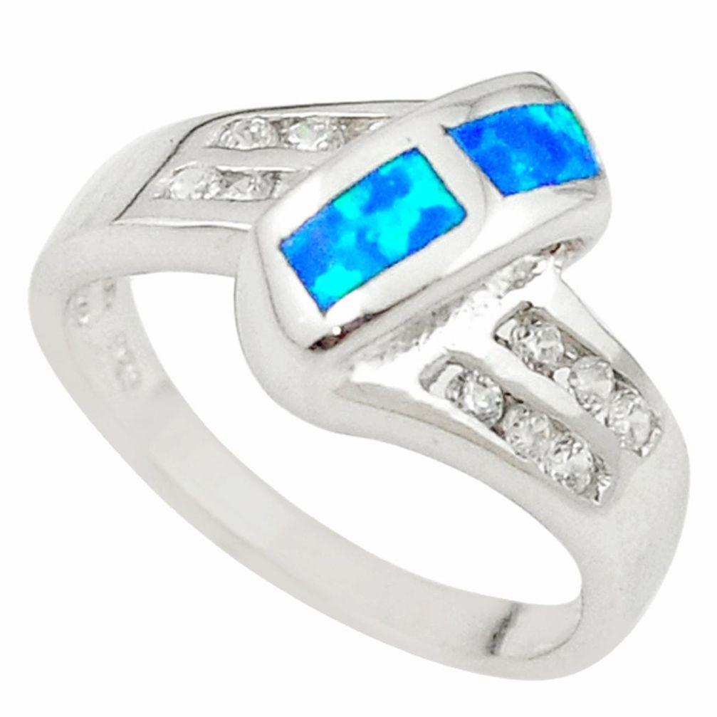Blue australian opal (lab) topaz enamel 925 silver ring size 6.5 a73481 c24493