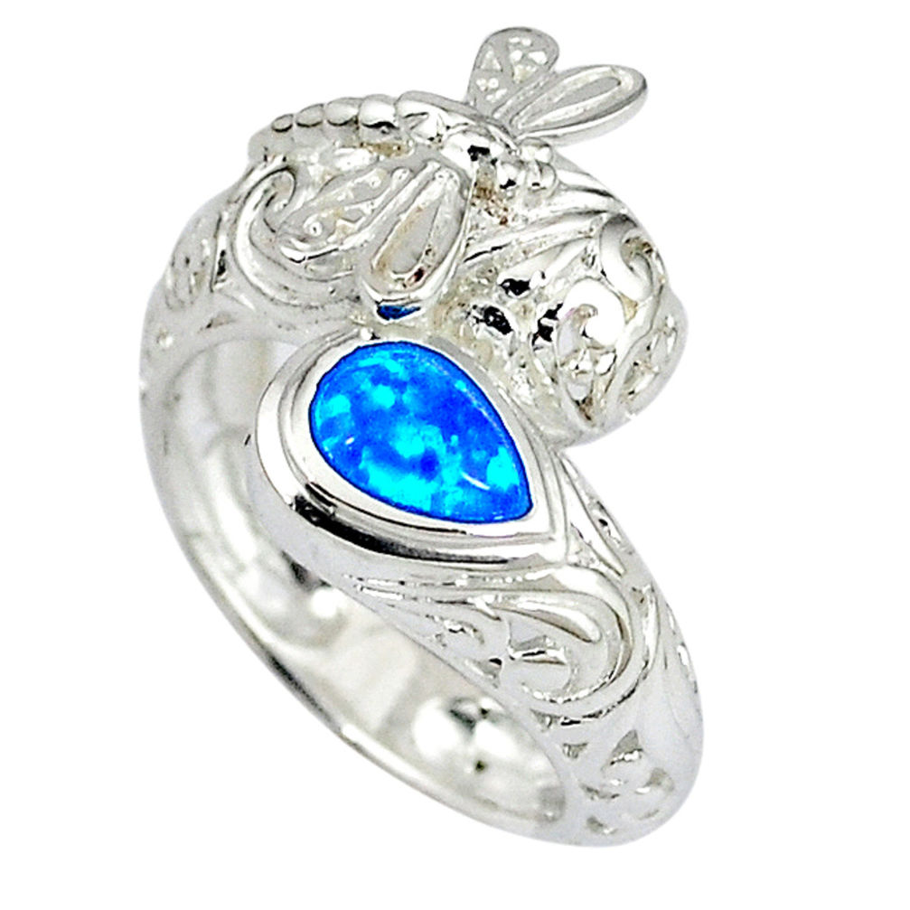 LAB Blue australian opal pear 925 sterling silver ring jewelry size 8 c15877