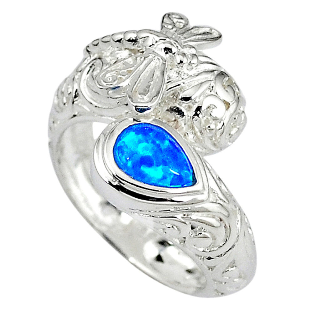 Blue australian opal pear shape 925 sterling silver ring size 7 c15869