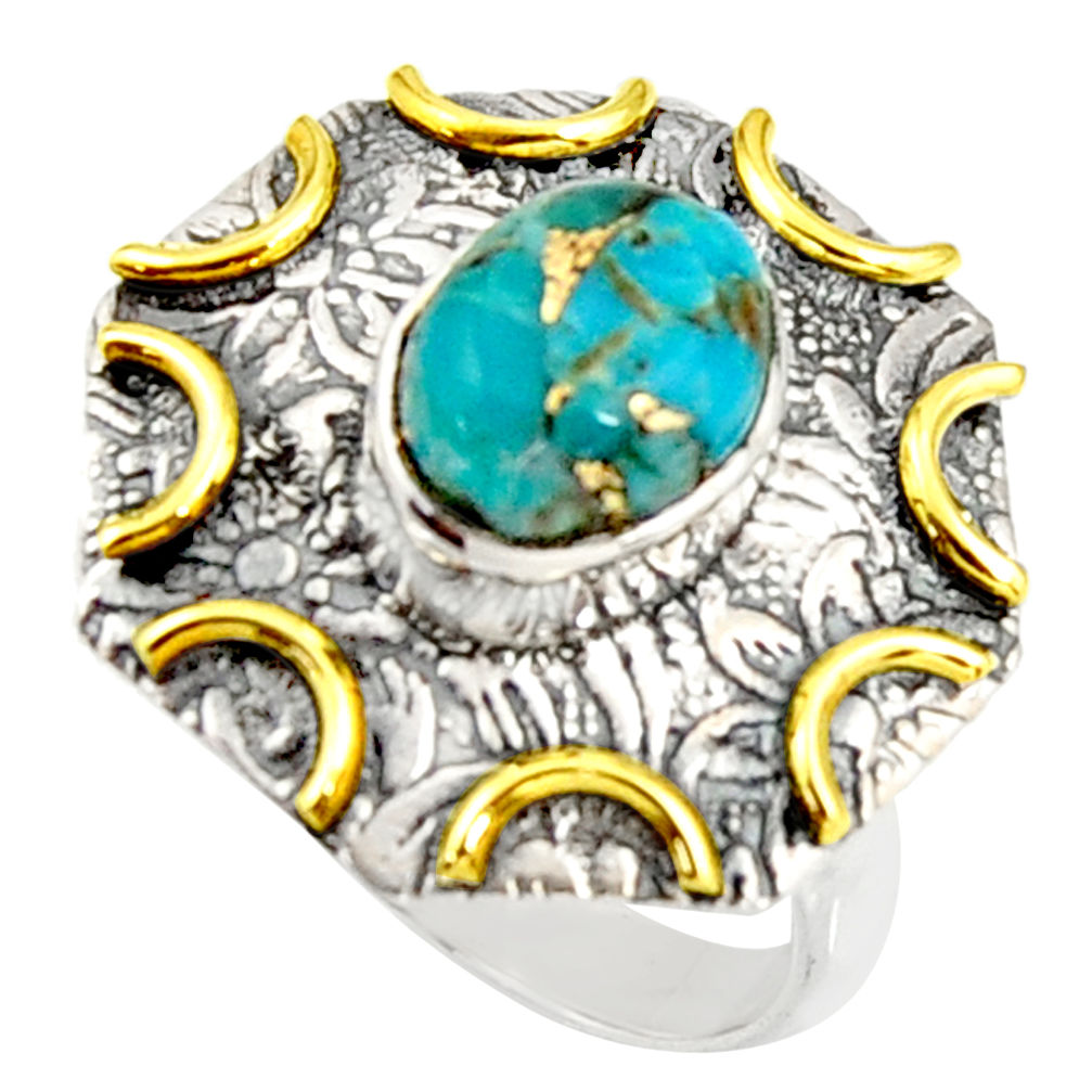 3.14cts blue copper turquoise 925 silver 14k gold solitaire ring size 6.5 r37268