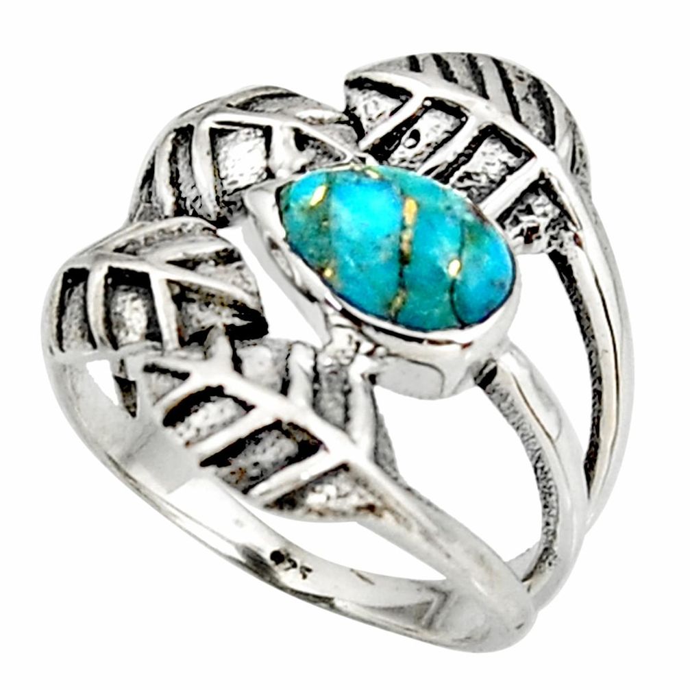 1.96cts blue copper turquoise 925 silver solitaire leaf ring size 7.5 r37066