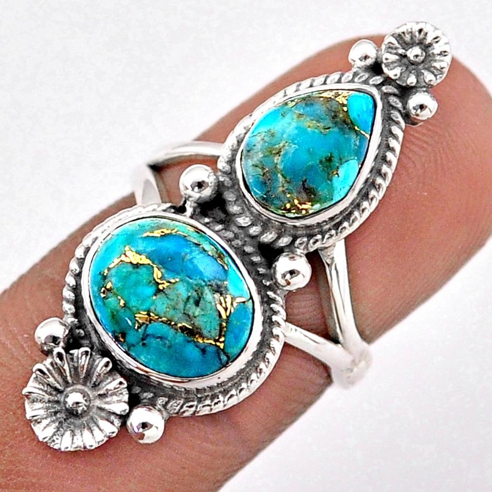 6.58cts blue copper turquoise 925 sterling silver flower ring size 5 t86523