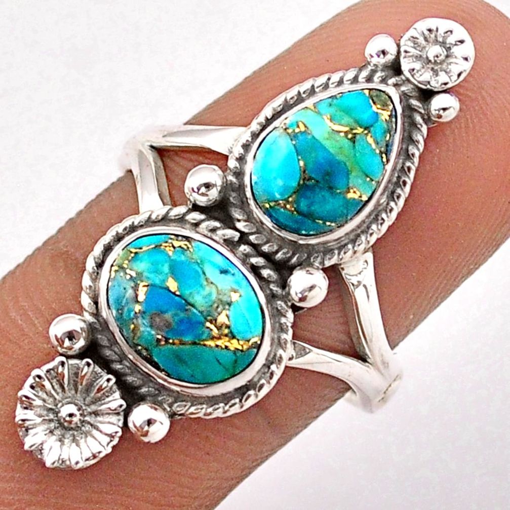 6.31cts blue copper turquoise 925 sterling silver flower ring size 7.5 t86533