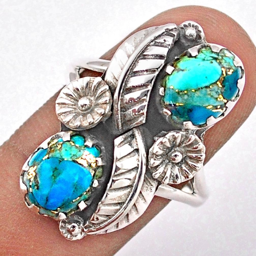 6.35cts blue copper turquoise 925 sterling silver flower ring size 8.5 t86563