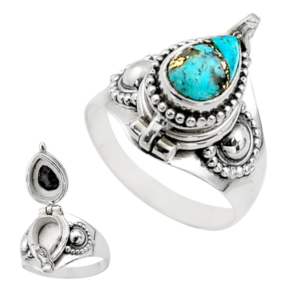 2.25cts blue copper turquoise 925 sterling silver poison box ring size 8 t73321
