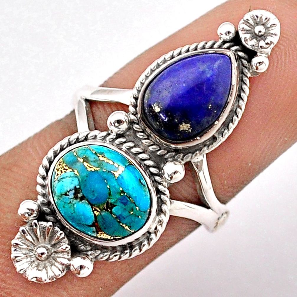 7.07cts blue copper turquoise lapis 925 silver flower ring size 6.5 t86532