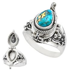 2.41cts blue copper turquoise pear 925 silver poison box ring size 7.5 t73322