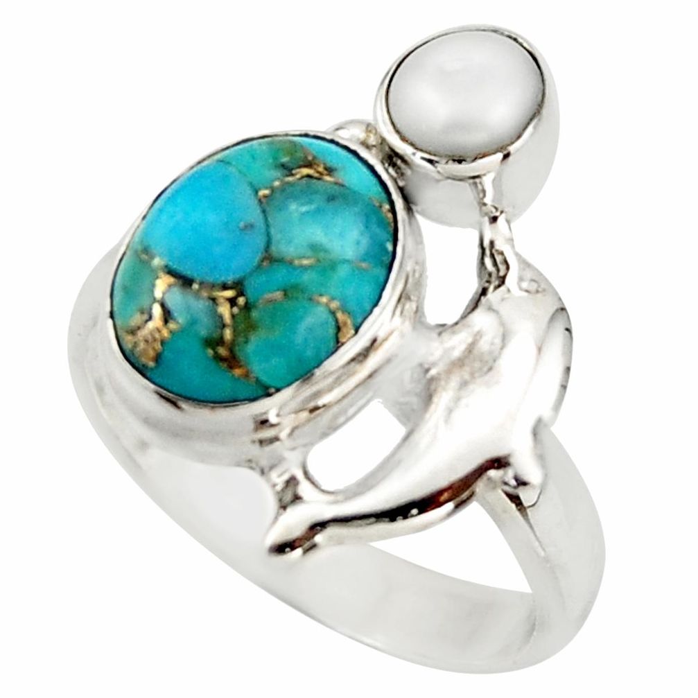 5.13cts blue copper turquoise pearl 925 sterling silver ring size 7 d46101