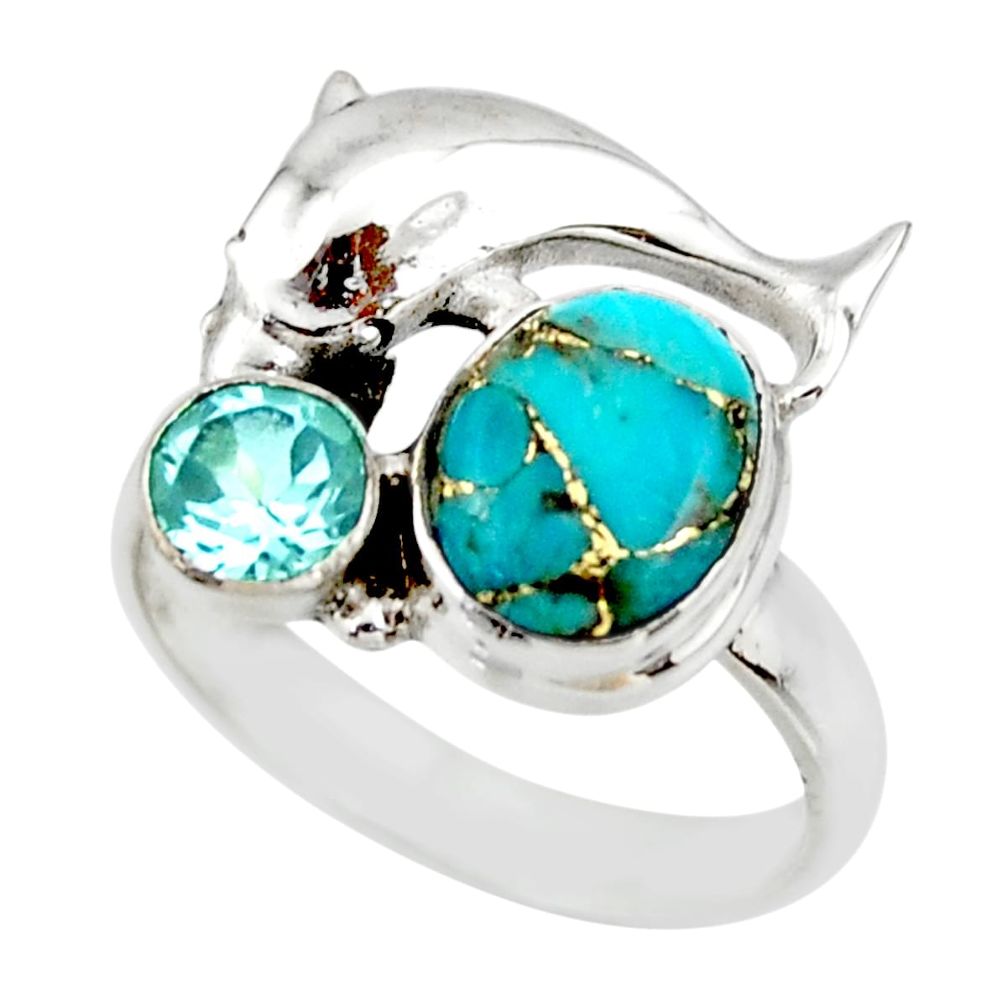 4.82cts blue copper turquoise topaz 925 silver dolphin ring size 8.5 r44930