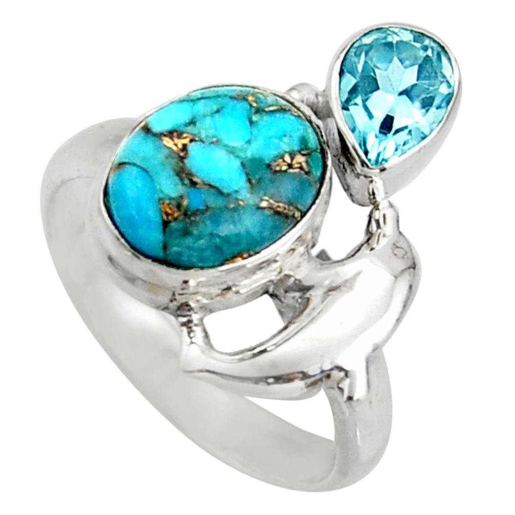 5.87cts blue copper turquoise topaz 925 sterling silver ring size 7.5 d46145