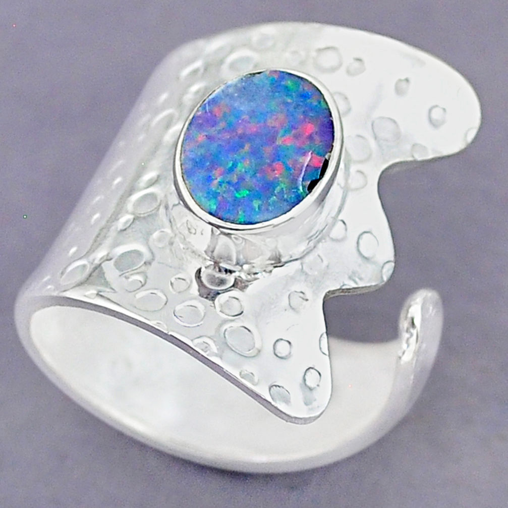 2.57cts blue doublet opal australian 925 silver adjustable ring size 6.5 r90565