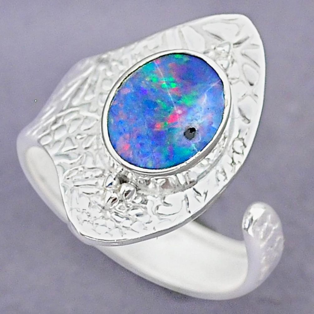 3.39cts blue doublet opal australian 925 silver adjustable ring size 8.5 r90658