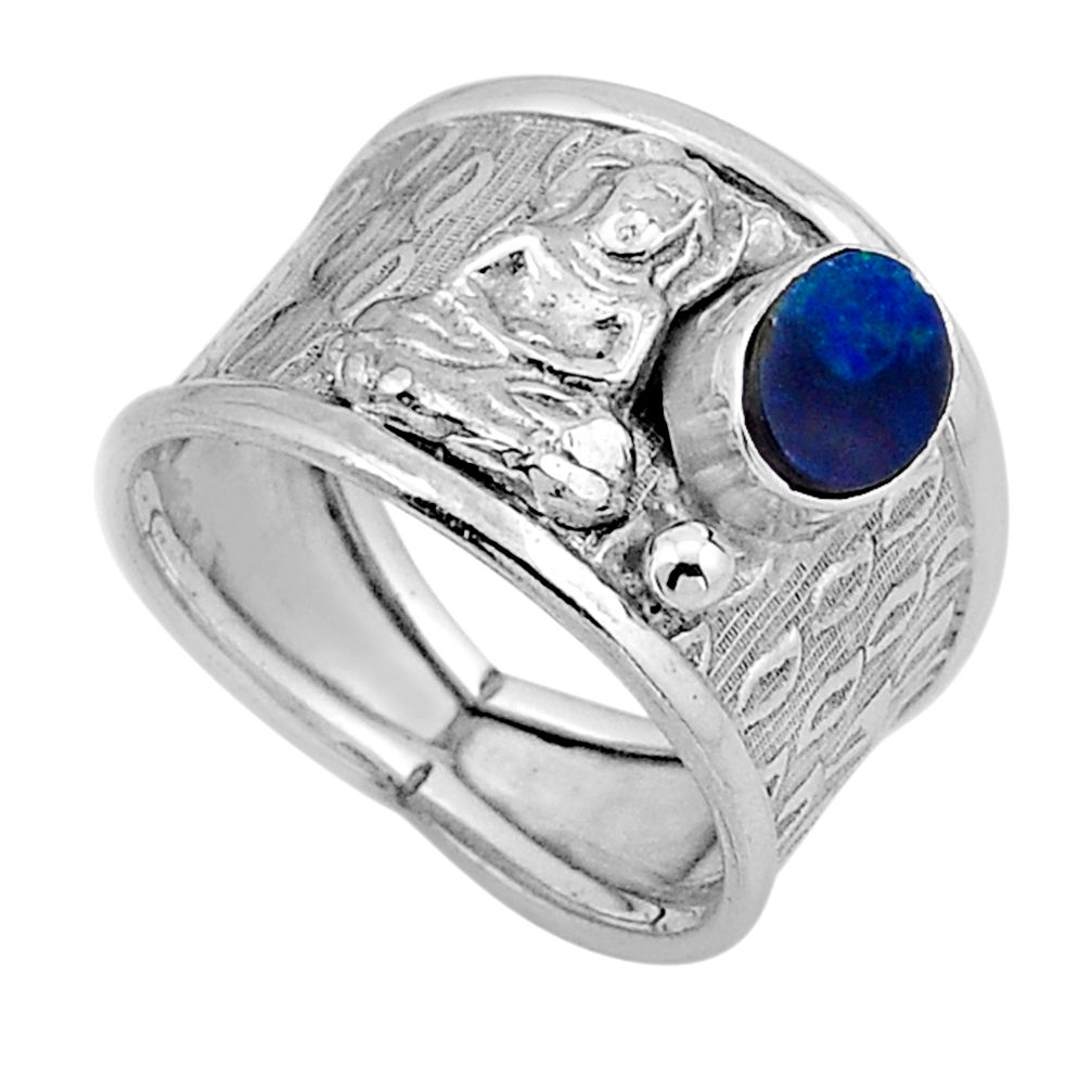 Blue doublet opal australian 925 silver buddha meditation ring size 6 n49998