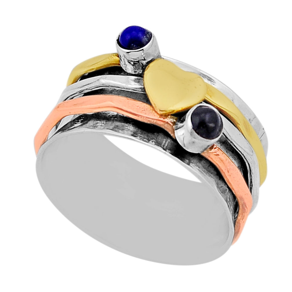 0.60cts blue lapis lazuli 925 silver two tone spinner band ring size 8 n53707