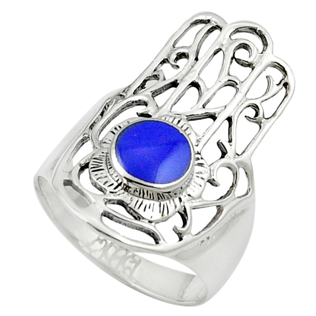 Blue lapis lazuli enamel 925 silver hand of god hamsa ring size 6 c12061