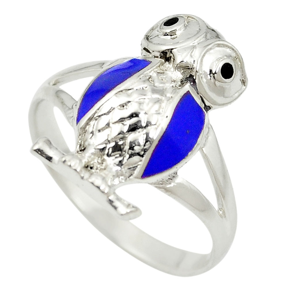 Blue lapis lazuli enamel 925 silver owl charm ring size 8.5 c11871