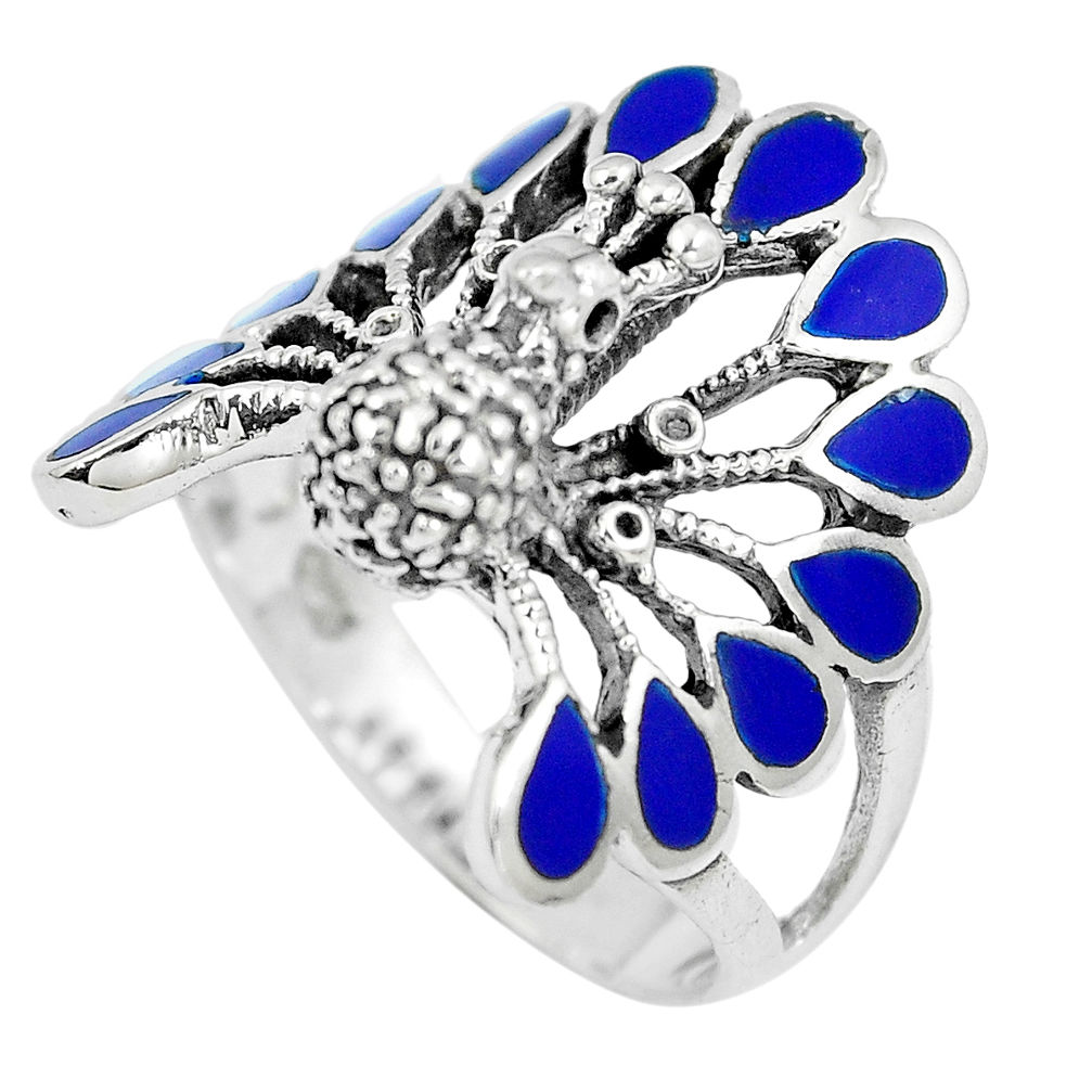 7.47gms blue lapis lazuli enamel 925 silver peacock ring size 9.5 c12406