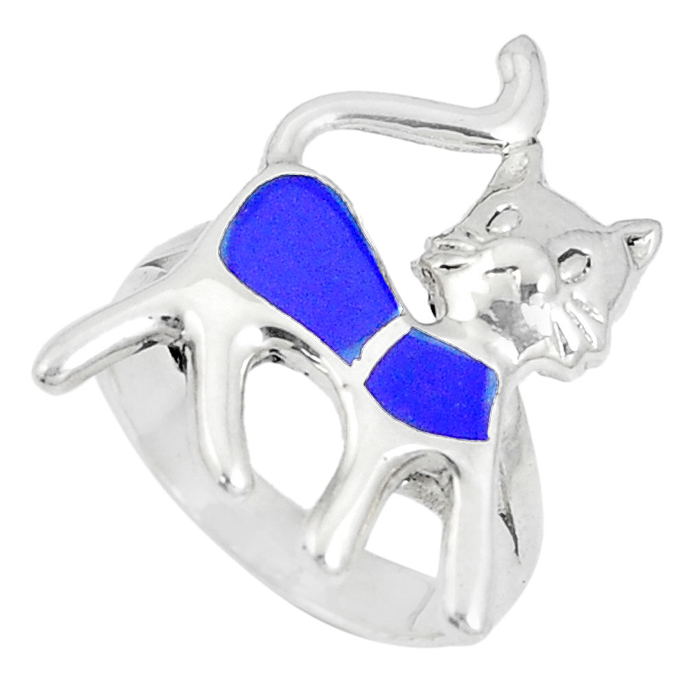 4.87gms blue lapis lazuli enamel 925 sterling silver cat ring size 7 c12833