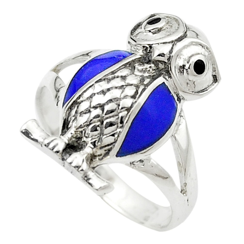 Blue lapis lazuli onyx enamel 925 silver owl ring jewelry size 6 c11864