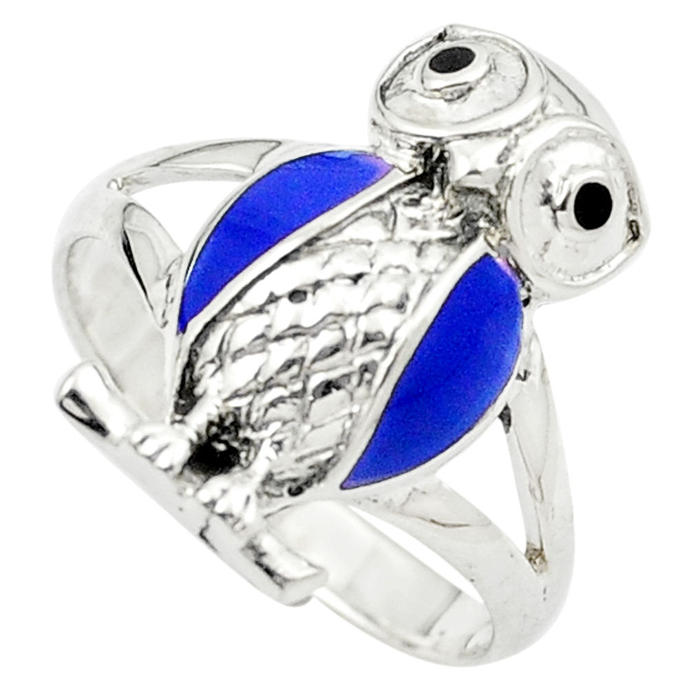 Blue lapis lazuli onyx enamel 925 sterling silver owl ring size 7 c11878