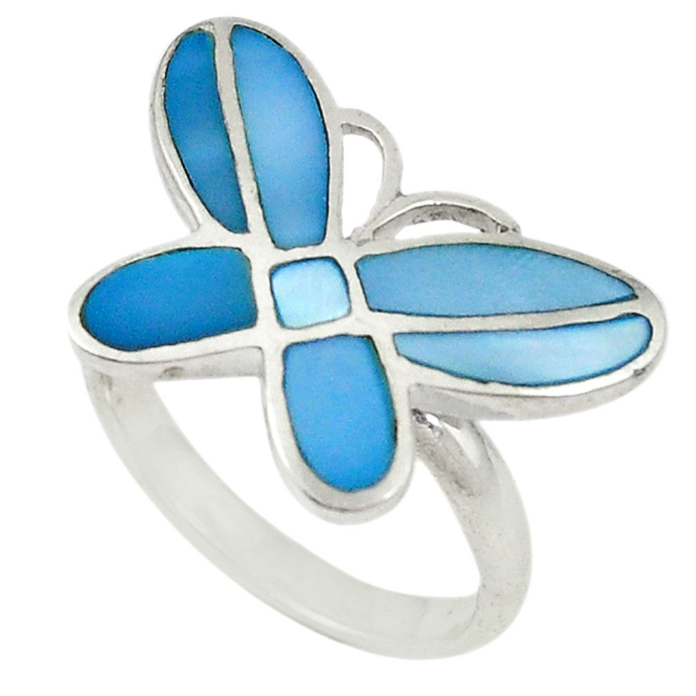 Blue pearl enamel 925 sterling silver butterfly ring jewelry size 7 c22735