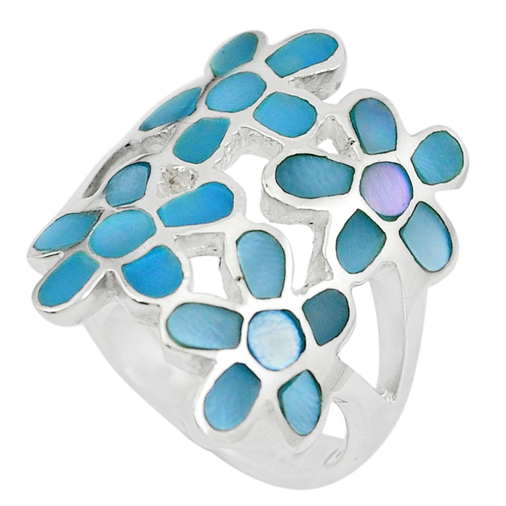 6.26gms blue pearl enamel 925 sterling silver flower ring jewelry size 6 c12954