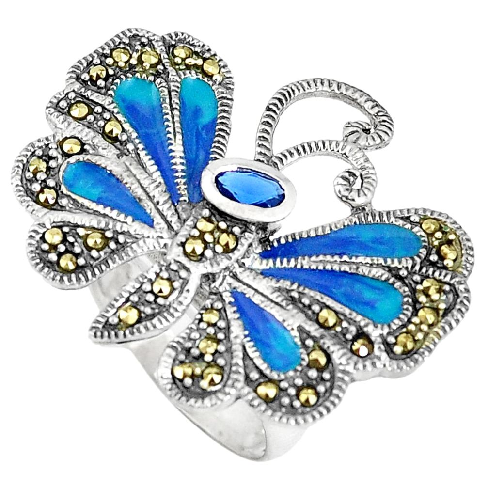 1.30cts blue sapphire (lab) marcasite 925 silver butterfly ring size 7.5 c16297