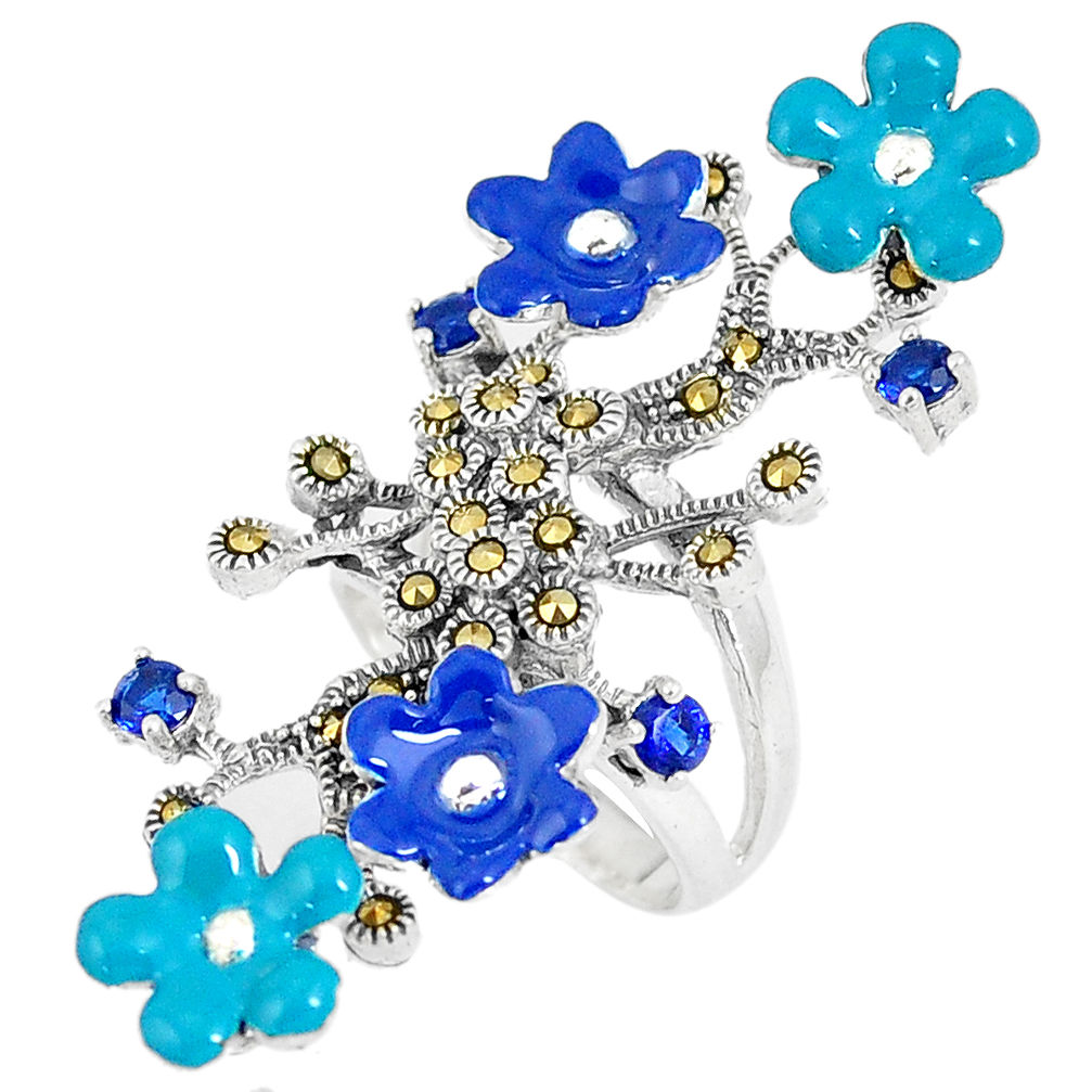 Blue sapphire (lab) marcasite enamel 925 silver flower ring size 6 c16178