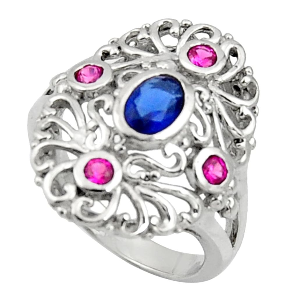 2.28cts blue sapphire (lab) ruby (lab) 925 sterling silver ring size 7 c10018