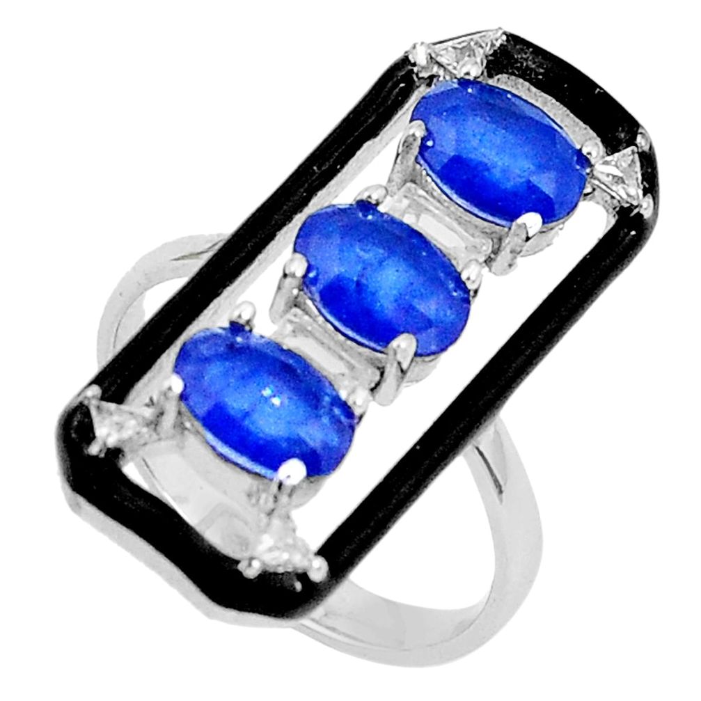 5.31cts blue sapphire (lab) topaz black enamel 925 silver ring size 6.5 c19359