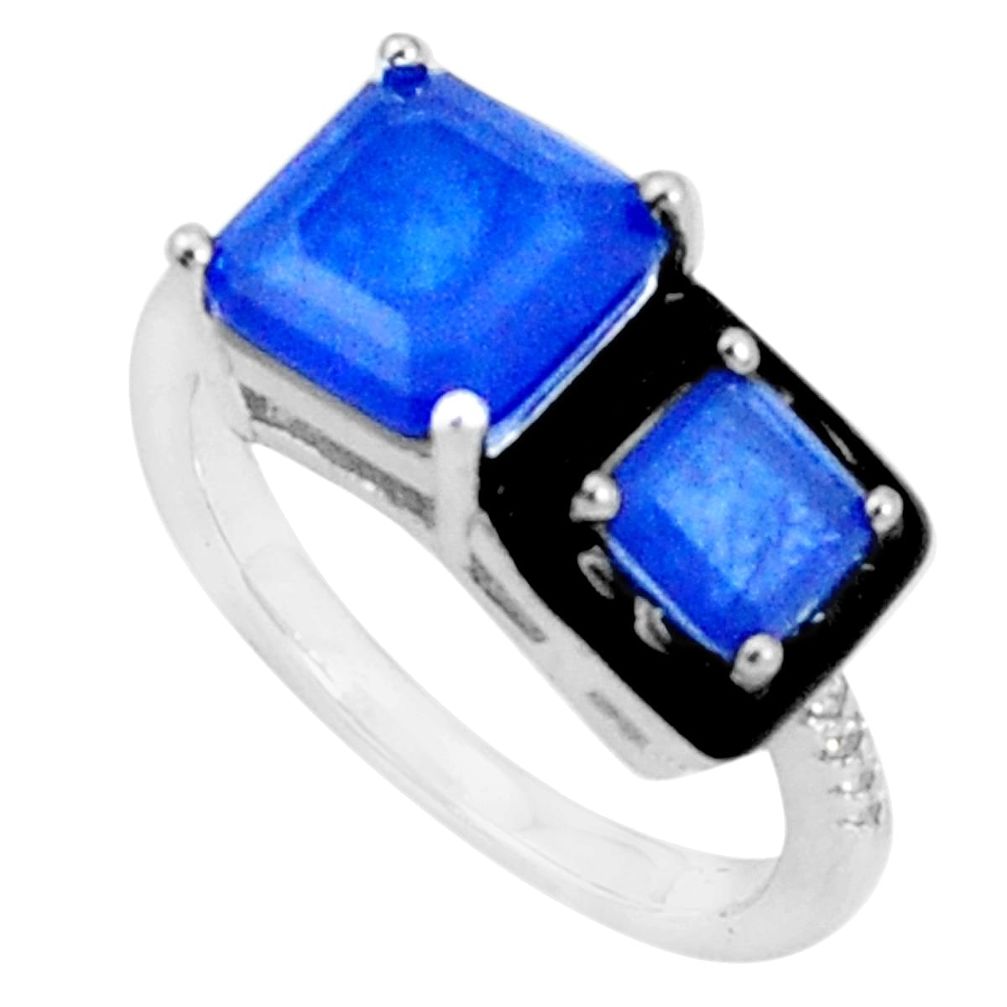 5.38cts blue sapphire (lab) topaz black enamel 925 silver ring size 7.5 c20095
