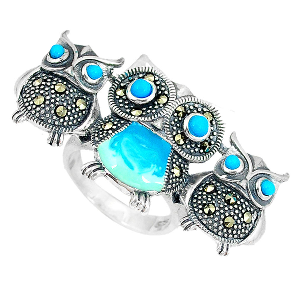 Blue sleeping beauty turquoise 925 silver owl ring jewelry size 5.5 c16173