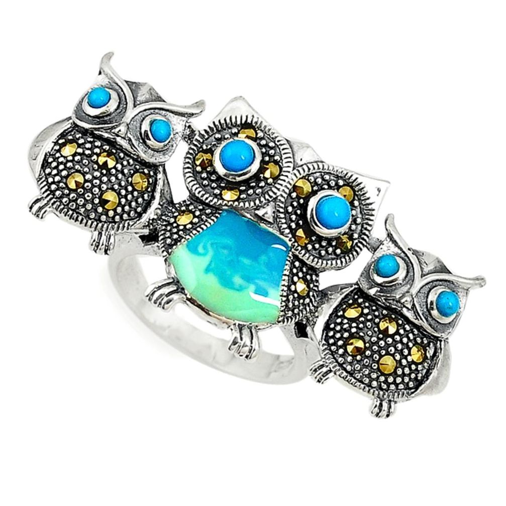 Blue sleeping beauty turquoise 925 silver owl ring jewelry size 6.5 c16179