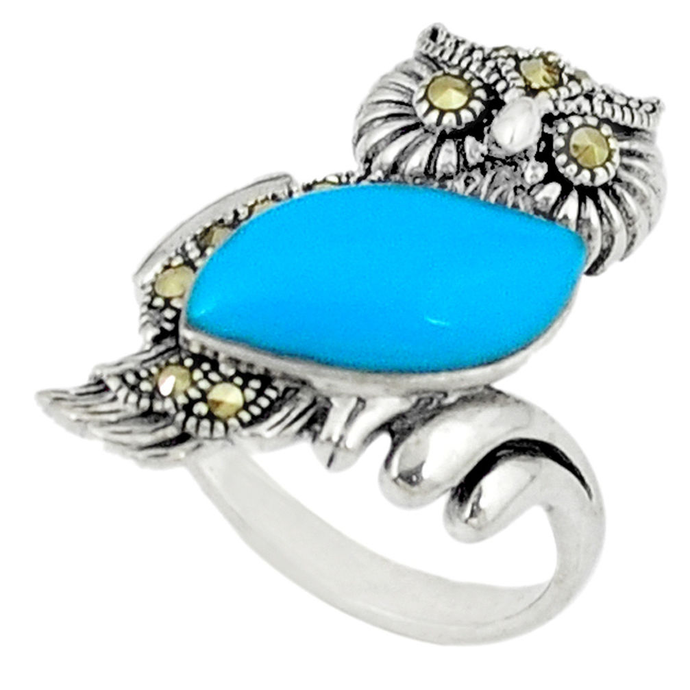 5.52cts blue sleeping beauty turquoise 925 silver owl ring size 6 c22913