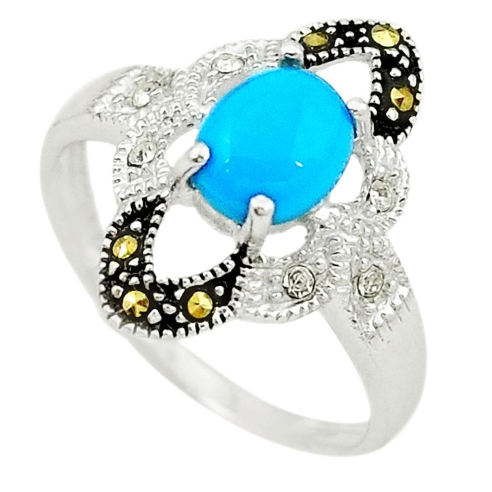 Blue sleeping beauty turquoise fine marcasite 925 silver ring size 7.5 c22068