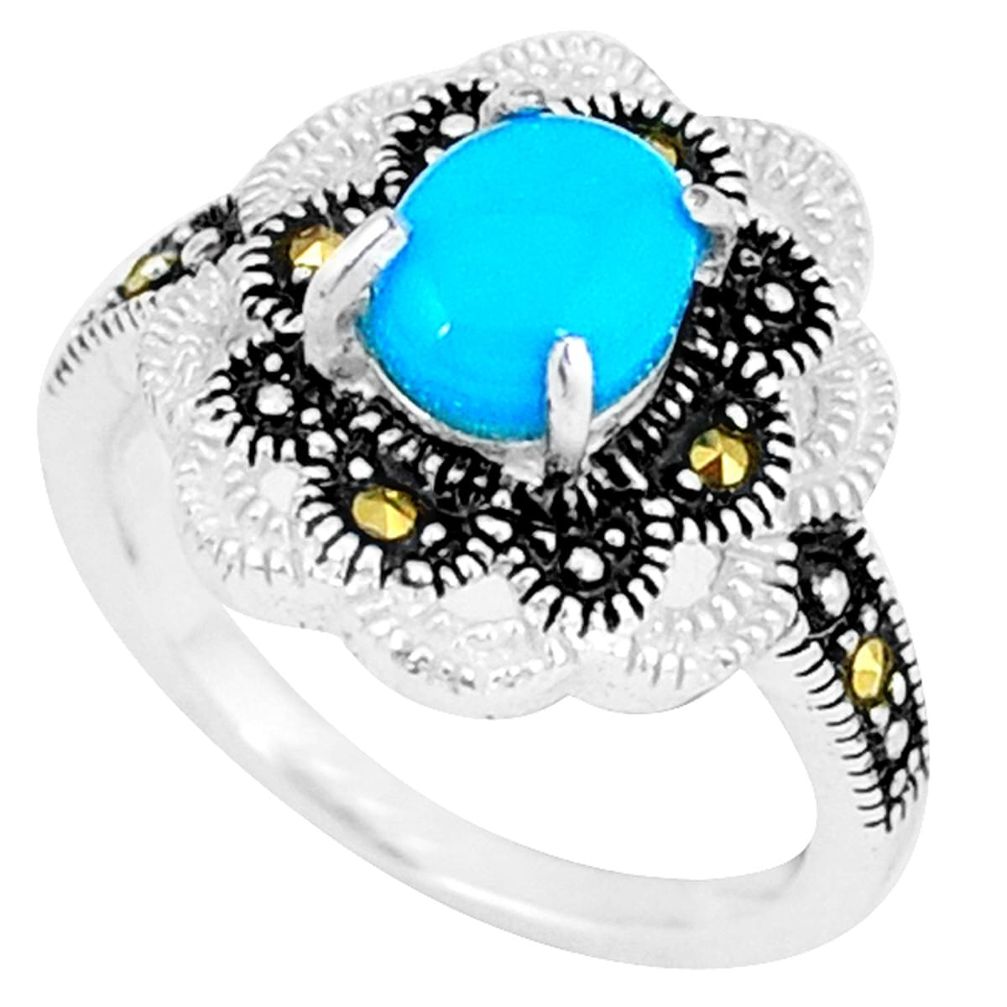 Blue sleeping beauty turquoise fine marcasite 925 silver ring size 5.5 c22097