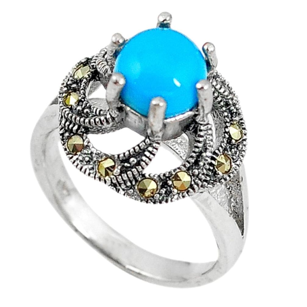 Blue sleeping beauty turquoise fine marcasite 925 silver ring size 7 c22095