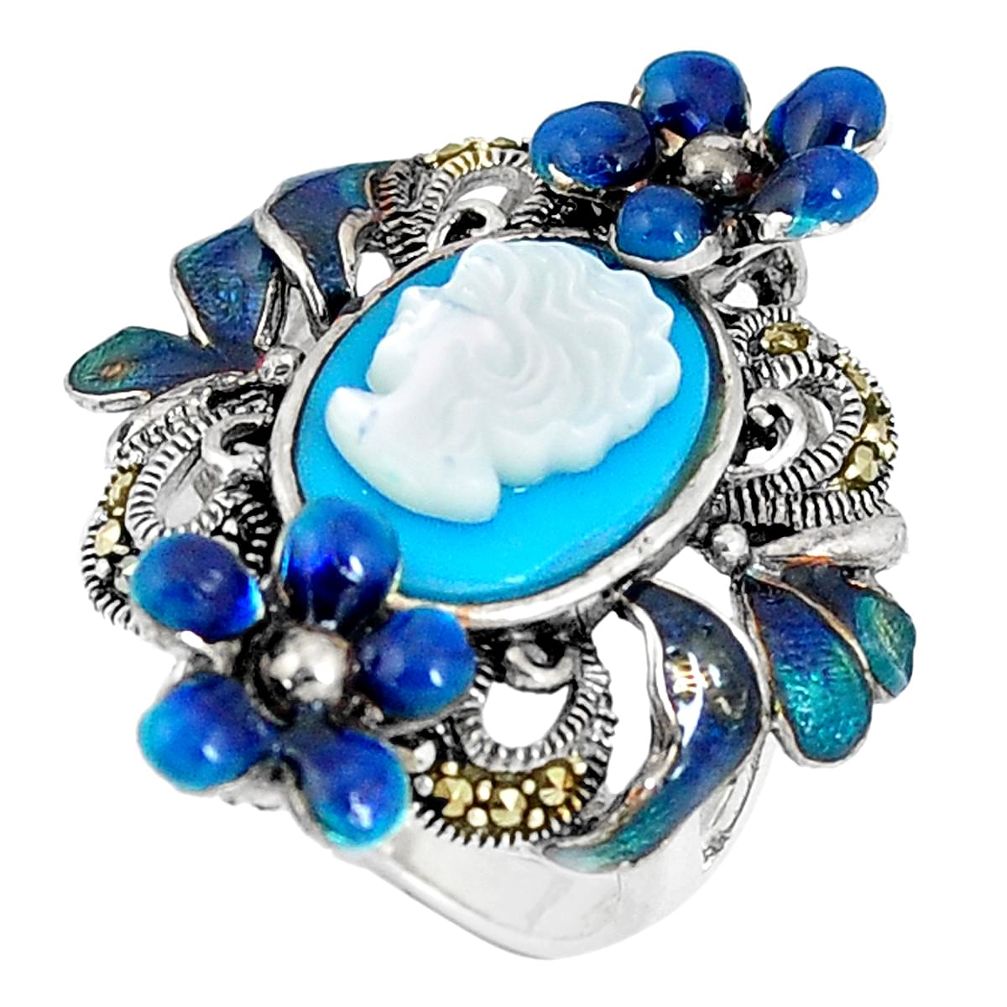 Blue sleeping beauty turquoise lady face 925 silver flower ring size 6.5 c16254