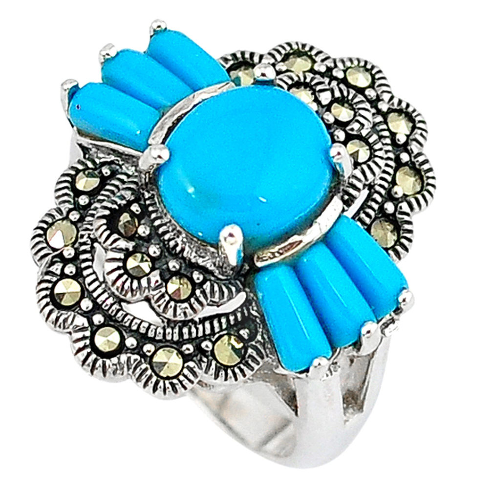 Blue sleeping beauty turquoise marcasite 925 silver ring jewelry size 6.5 c16108