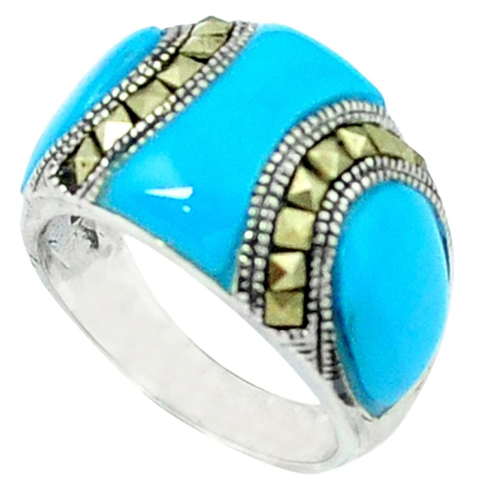 Blue sleeping beauty turquoise marcasite 925 silver ring size 6.5 c18729