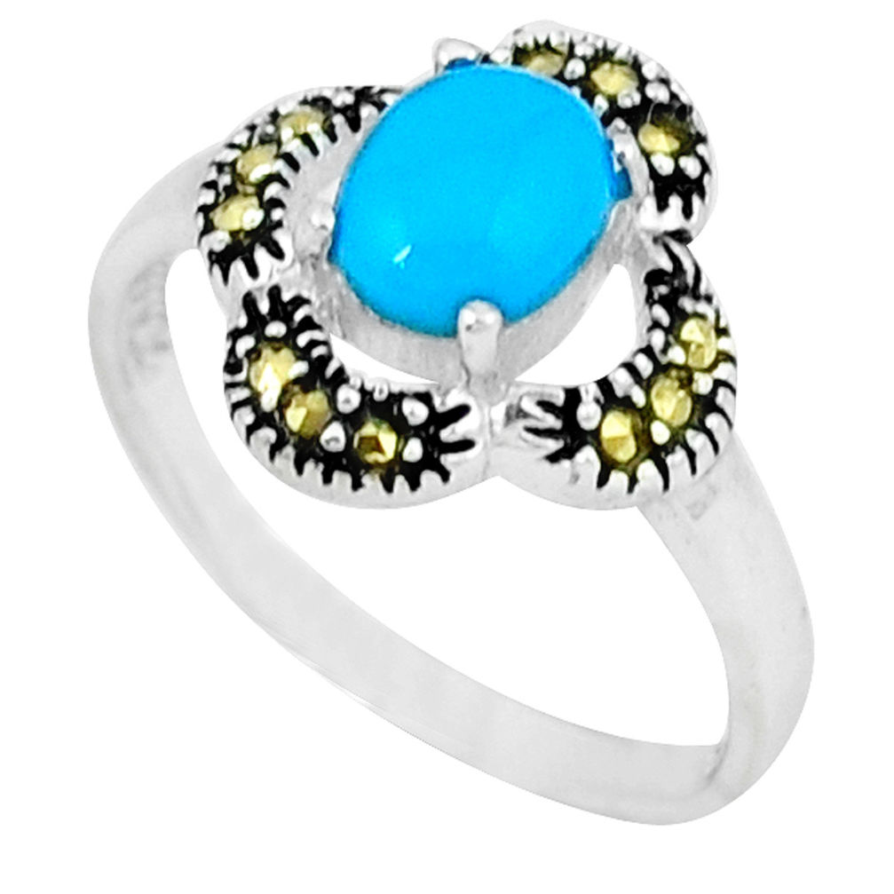 Blue sleeping beauty turquoise marcasite 925 silver ring size 7.5 c17563