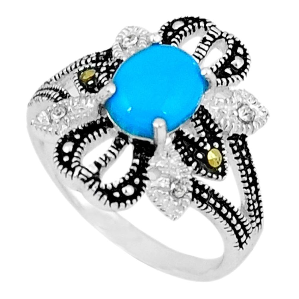 Blue sleeping beauty turquoise marcasite 925 silver ring size 5.5 c17625