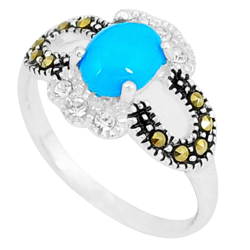 Blue sleeping beauty turquoise marcasite 925 silver ring size 6.5 c17576