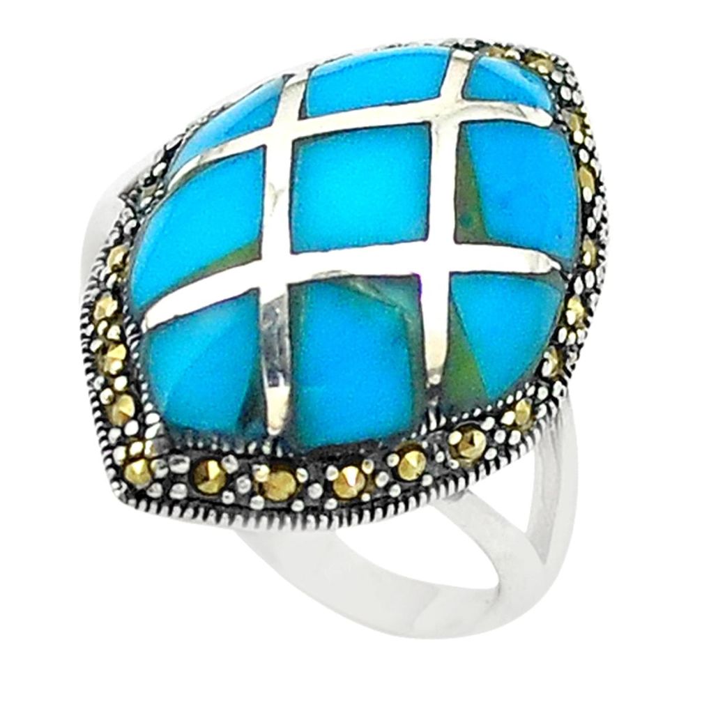 Blue sleeping beauty turquoise marcasite 925 silver ring size 6.5 c17598