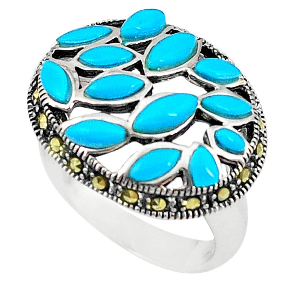 Blue sleeping beauty turquoise marcasite 925 silver ring size 5.5 c17596