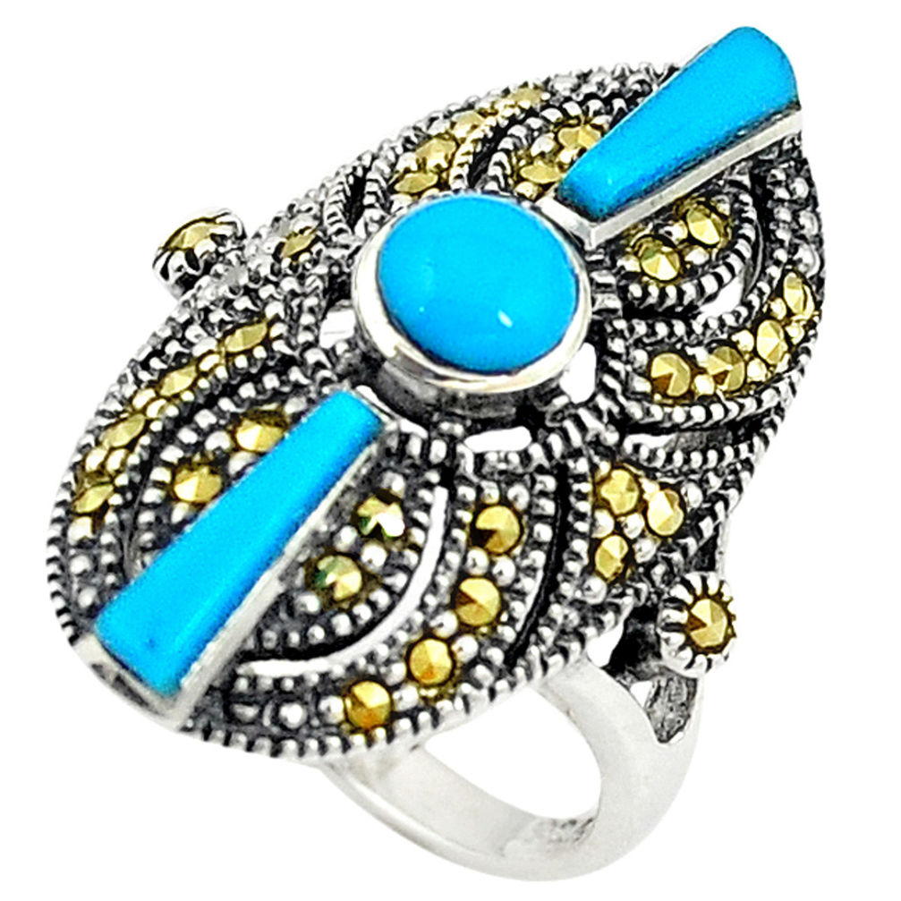 Blue sleeping beauty turquoise marcasite 925 silver ring size 6.5 c16410