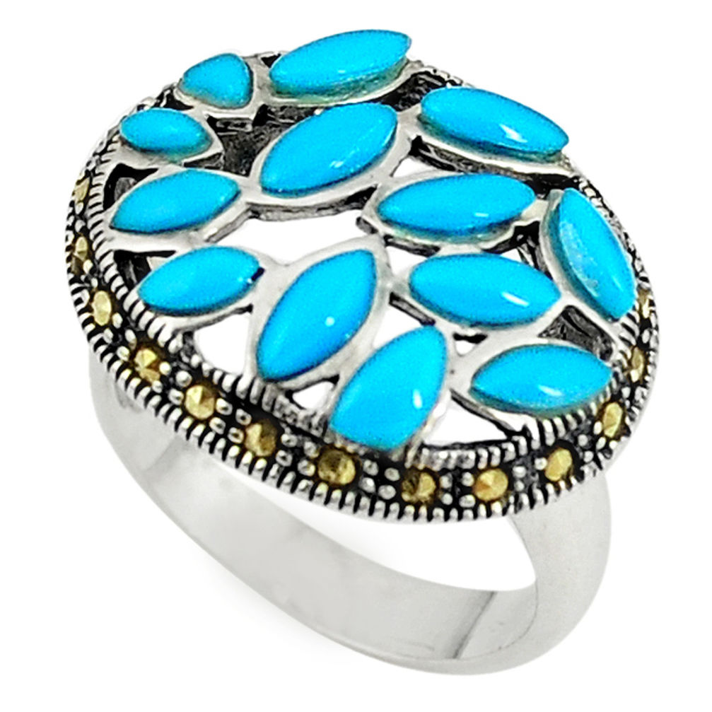 Blue sleeping beauty turquoise marcasite 925 silver ring size 5.5 c17584