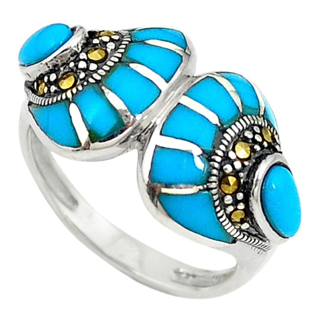 Blue sleeping beauty turquoise marcasite 925 silver ring size 7.5 c17615