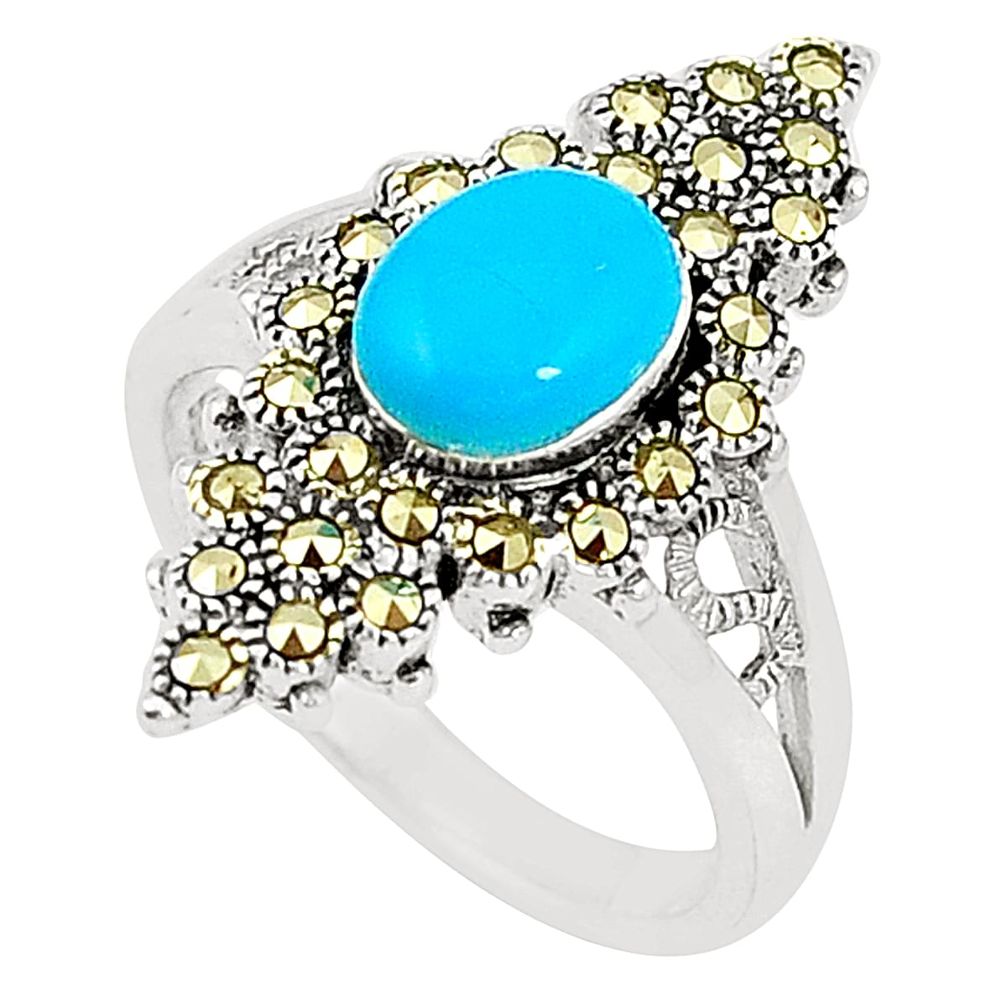 Blue sleeping beauty turquoise marcasite 925 silver ring size 7.5 c17476